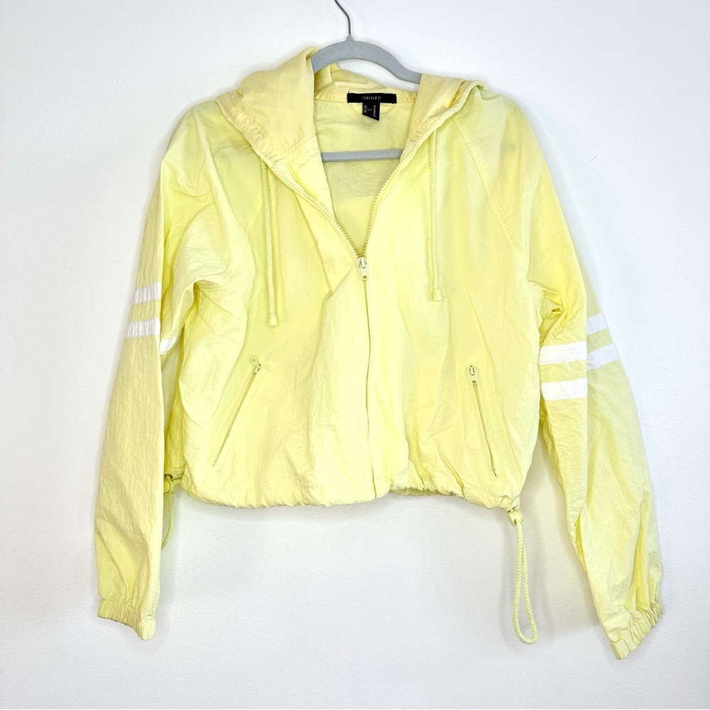 Forever 21 White Striped Hooded Windbreaker Yellow Light Wash Cropped Jacket